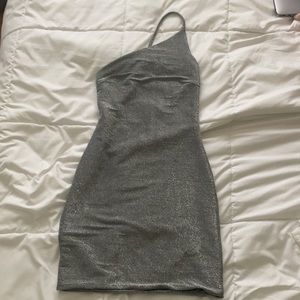 Princess Polly Silver Sparkle Vee One Shoulder Bodycon Dress